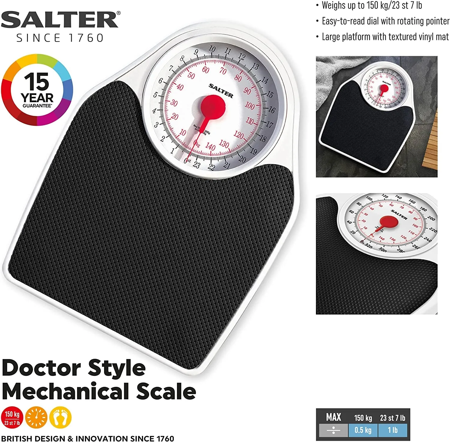 145 BKDR Doctor Style Bathroom Scale - Mechanical Weighing Scales For Body Weight, Easy Read Dial & Rotating Pointer, Large Platform With Non-Slip Mat, Weighs Up To 150 kg/ 23 st 7 lbs