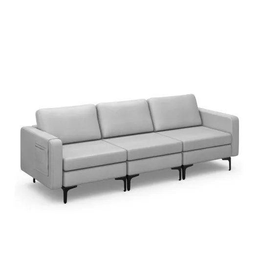 3-Seat Sectional Sofa Couch with Armrest Magazine Pocket and Metal Leg-Light Gray