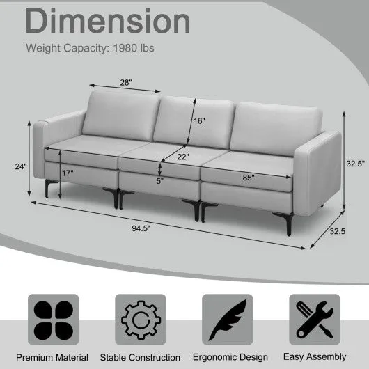 3-Seat Sectional Sofa Couch with Armrest Magazine Pocket and Metal Leg-Light Gray