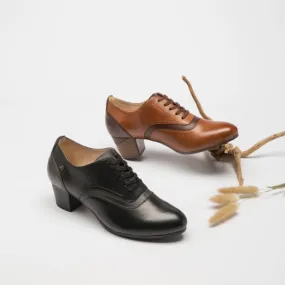 50mm Block Heel Oxfords For Women Full Grain Leather Lace Up Almond Toe in Black/Brown