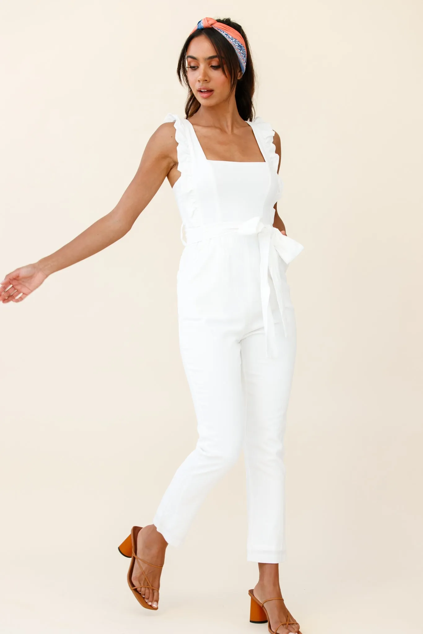 All For Love Square Neckline Ruffle Strap Jumpsuit White