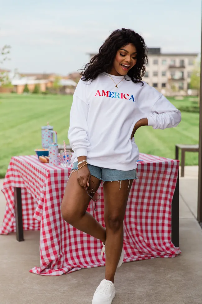 America Multi Embroidery White Oversized Graphic Sweatshirt FINAL SALE