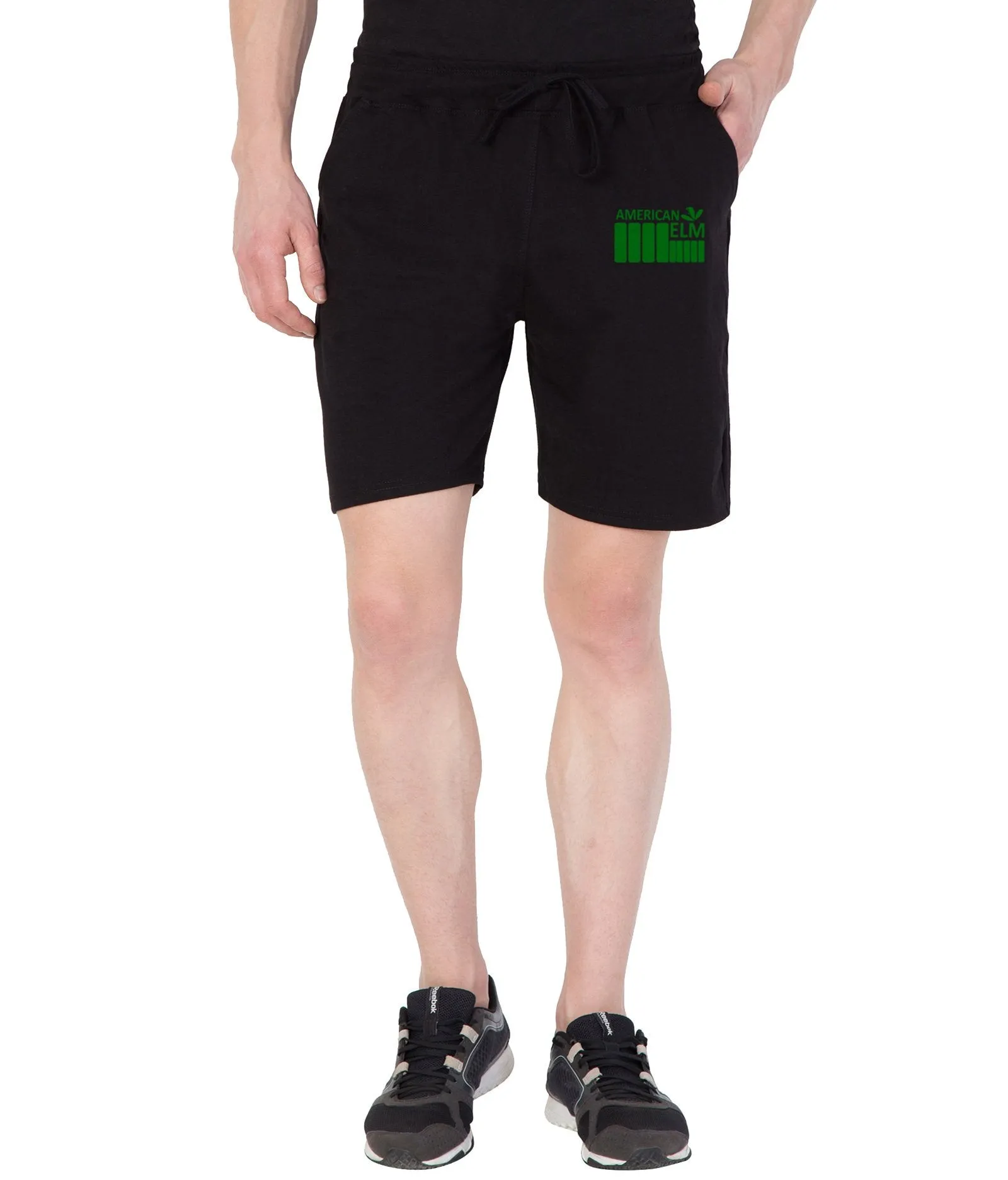 American-Elm Men's Black Cotton Green Barcode Printed Short