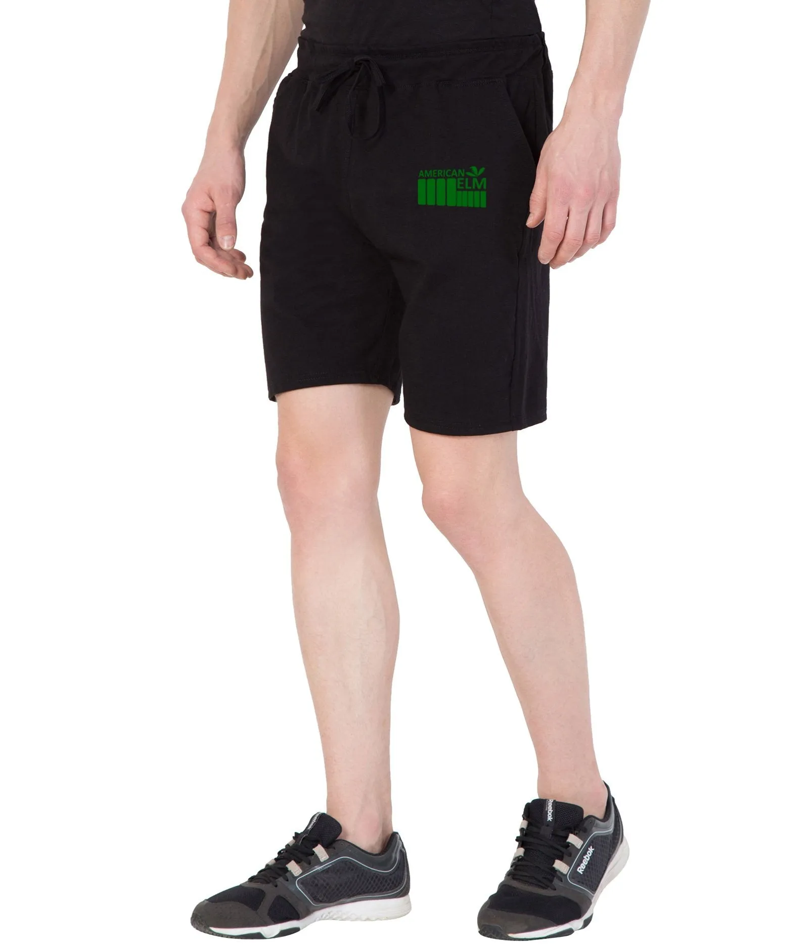 American-Elm Men's Black Cotton Green Barcode Printed Short