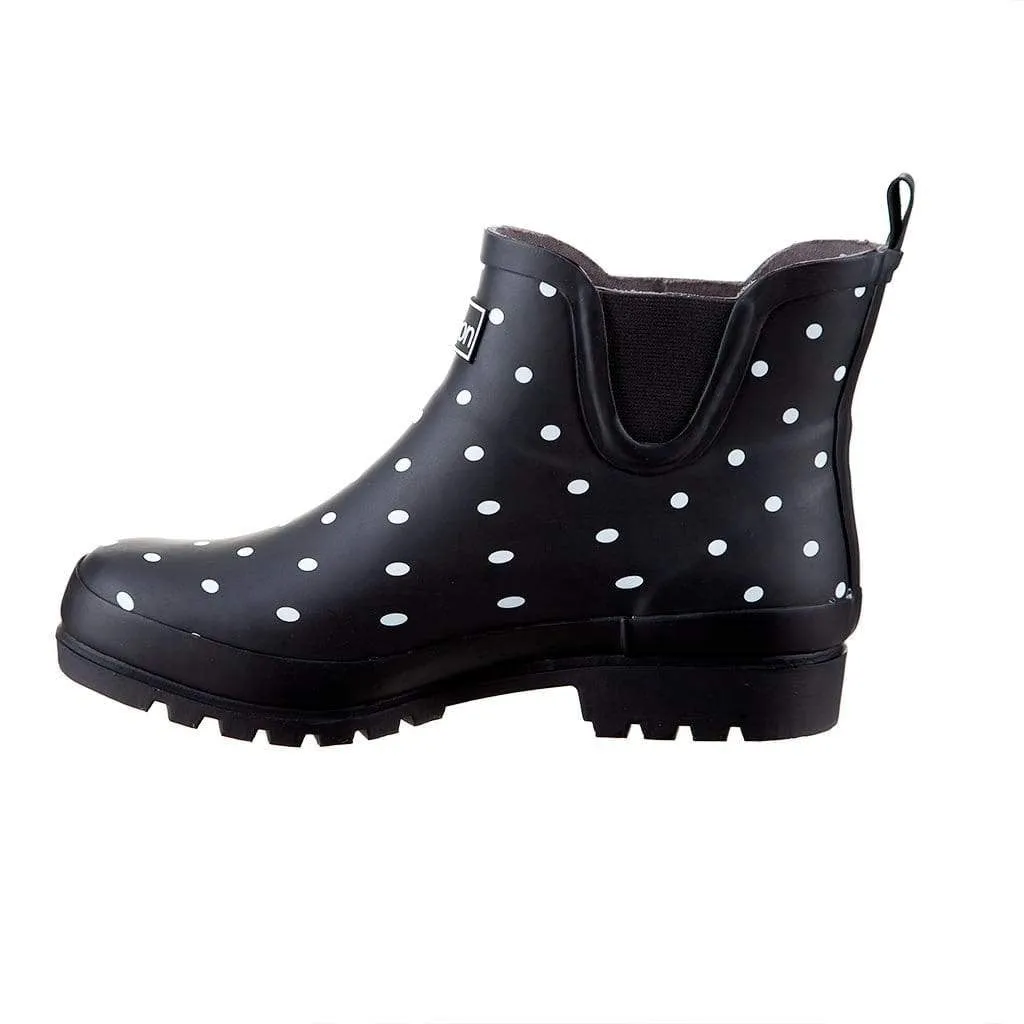 Ankle Height Rain Boots - Black with White Spots - Wide Foot - Easy to Slip On