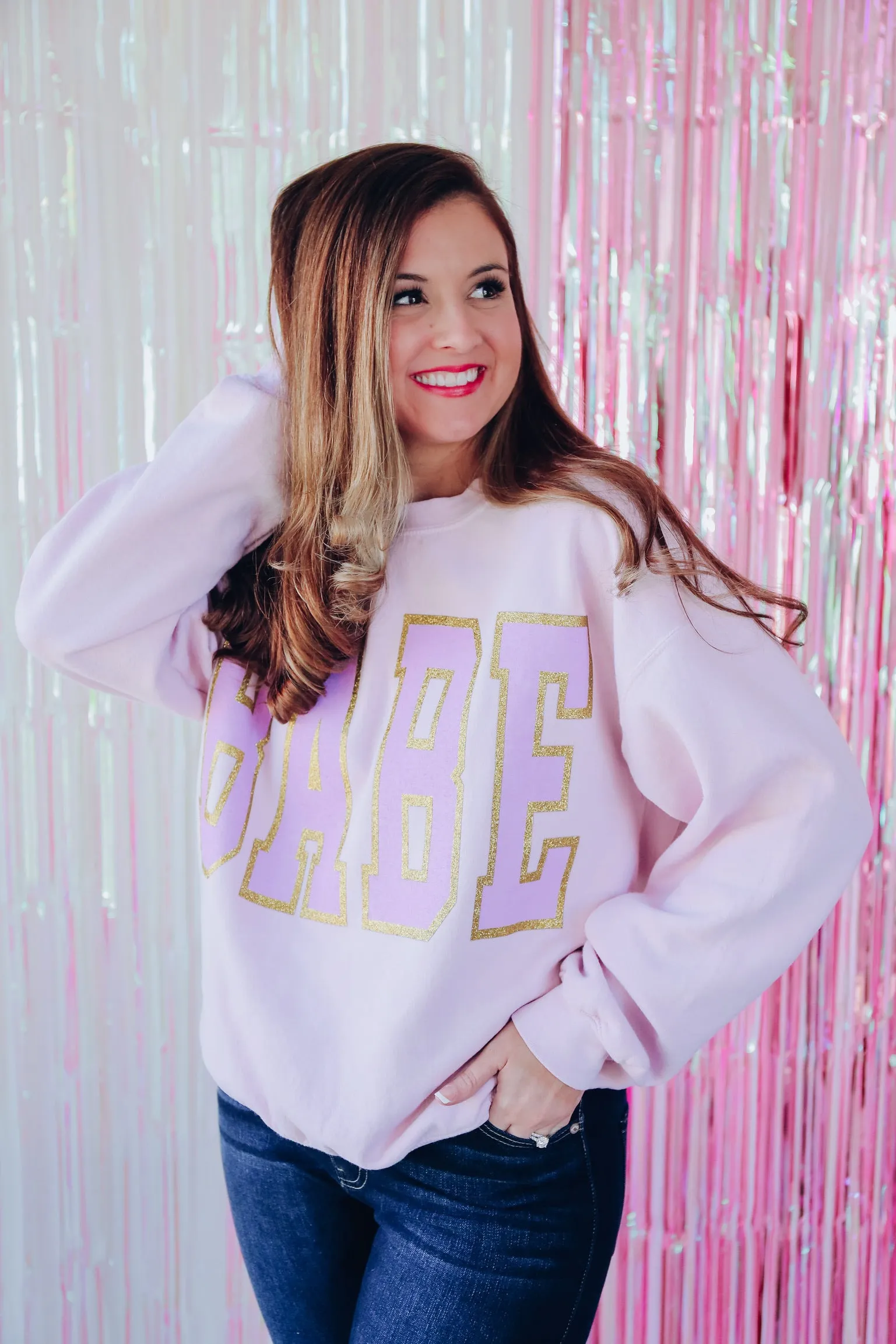 Babe Glitter Graphic Sweatshirt - Light Pink