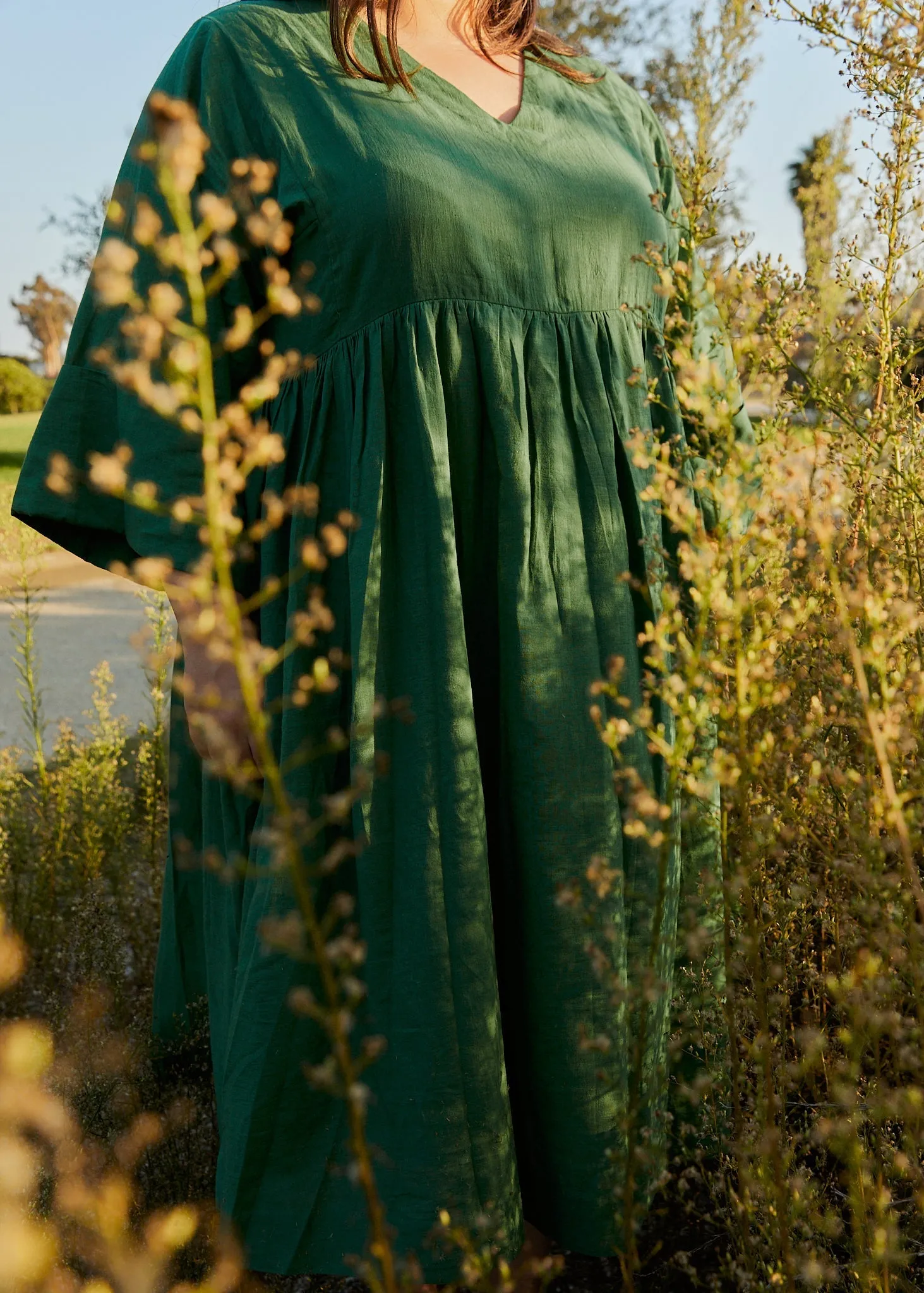 Basil Green Gathered Extended Midi Dress