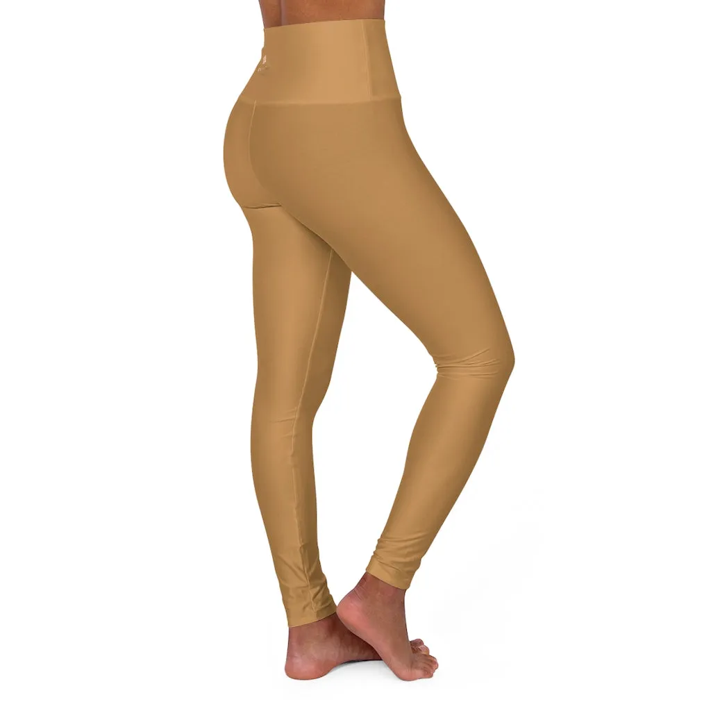 Beige Brown Women's Workout Pants, High Waisted Yoga Leggings, Solid Color Long Women Yoga Tights