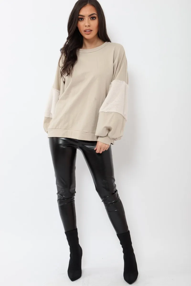 Beige Jumper with Fur Sleeves - Stephanie