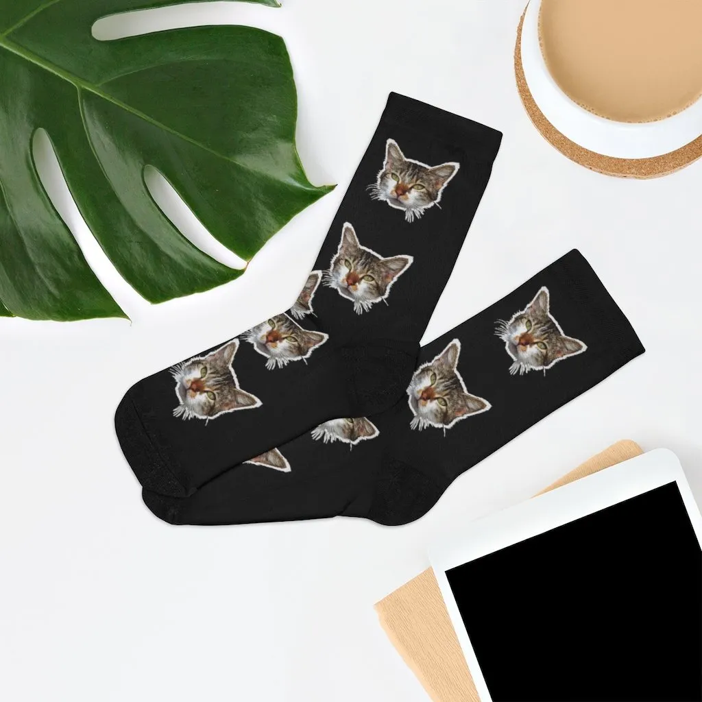 Black Cat Print Socks, Cute Calico Cat One-Size Knit Premium Unisex Socks- Made in USA