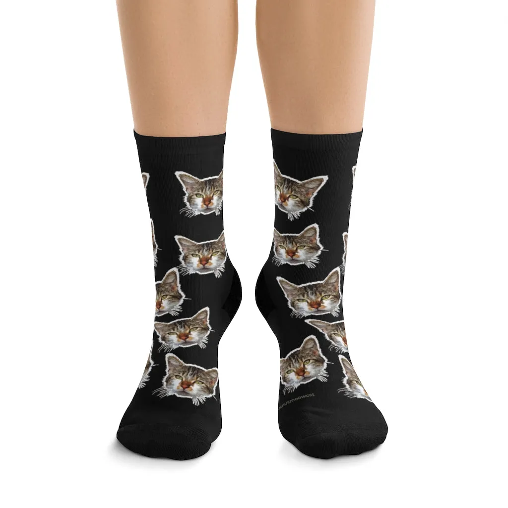 Black Cat Print Socks, Cute Calico Cat One-Size Knit Premium Unisex Socks- Made in USA