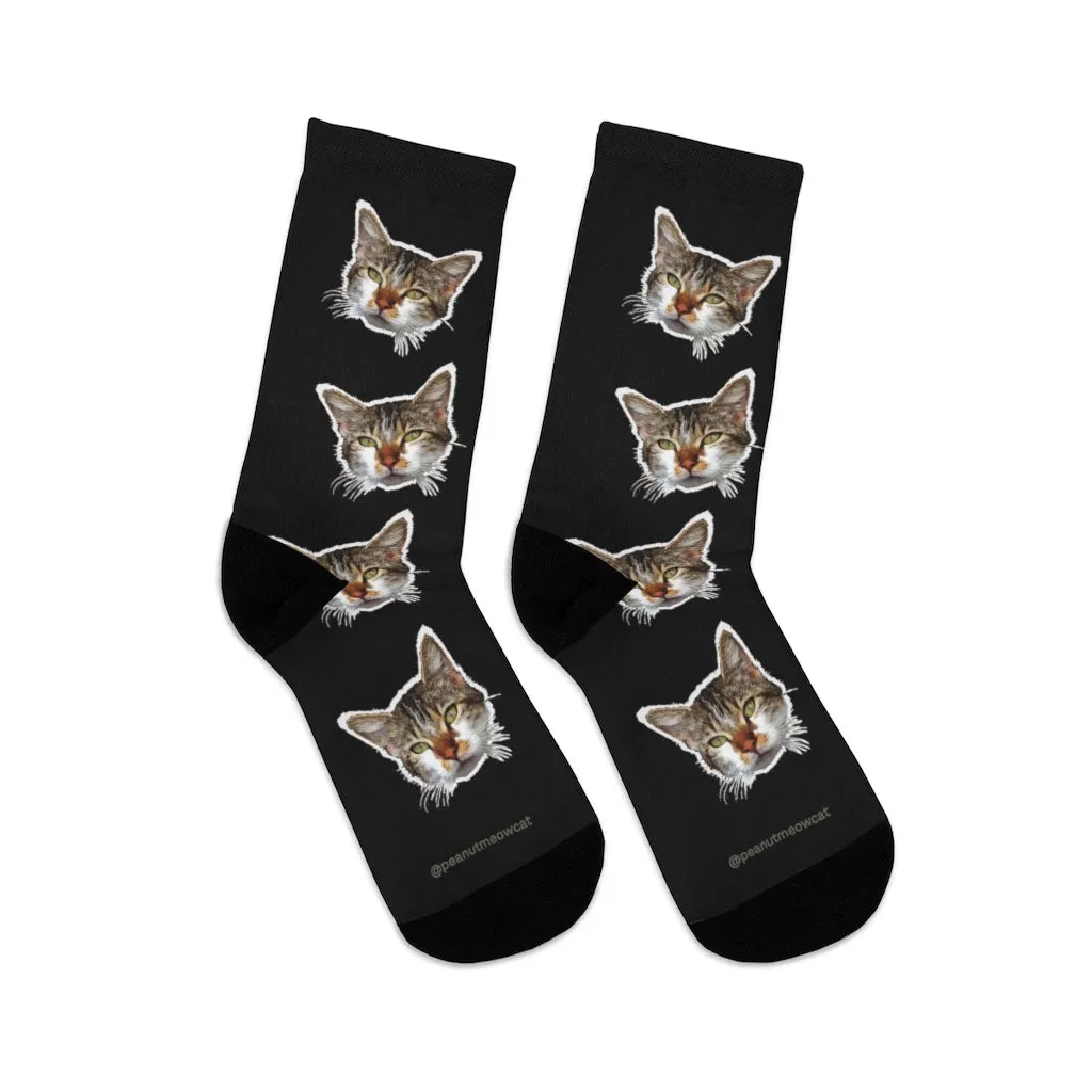 Black Cat Print Socks, Designer Cute Calico Cat One-Size Premium Socks- Made in USA