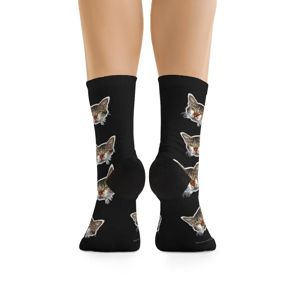 Black Cat Print Socks, Designer Cute Calico Cat One-Size Premium Socks- Made in USA