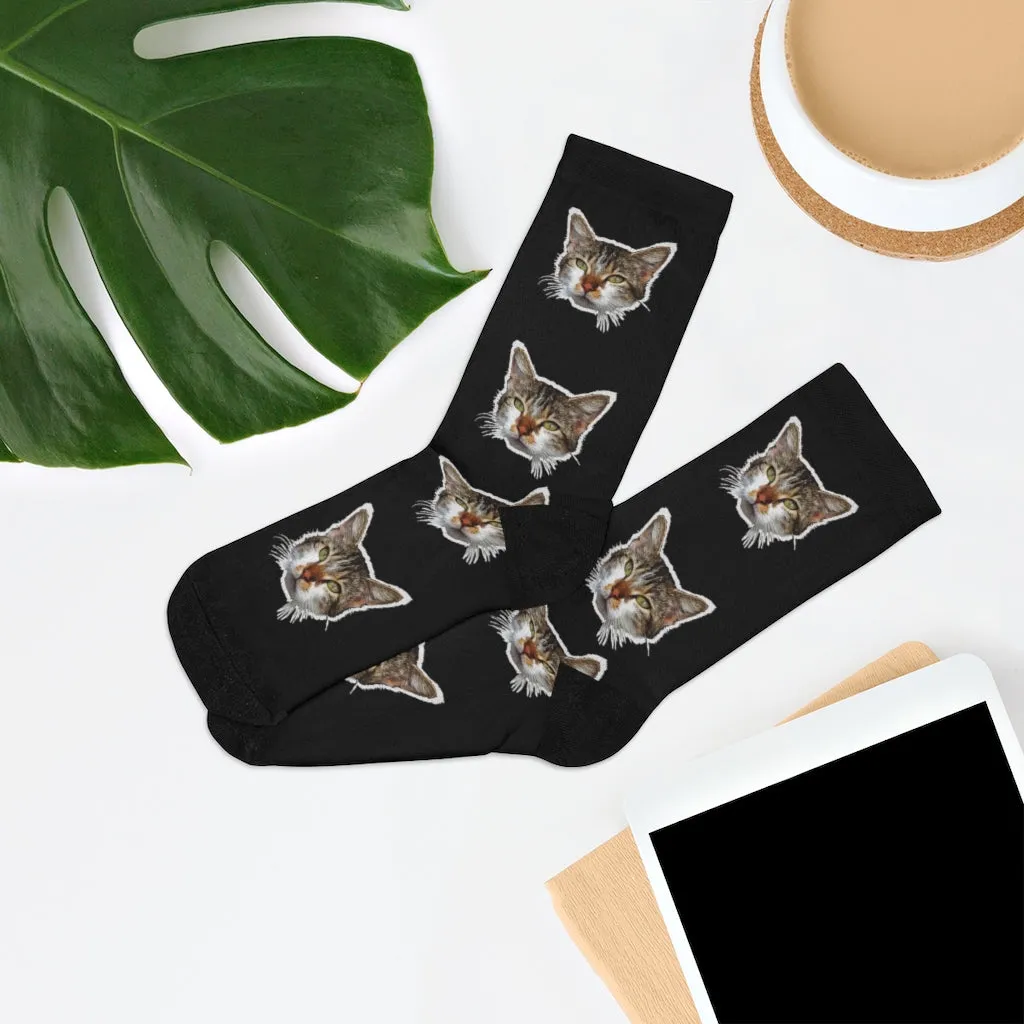 Black Cat Print Socks, Designer Cute Calico Cat One-Size Premium Socks- Made in USA