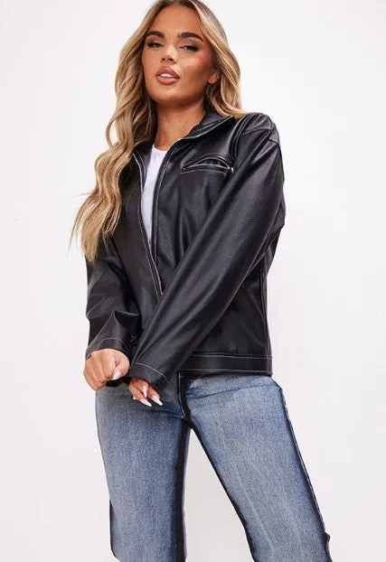 Black Contrast Stitch Faux Leather Oversized Biker Jacket