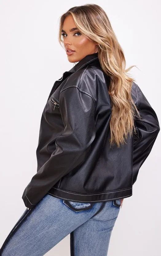 Black Contrast Stitch Faux Leather Oversized Biker Jacket