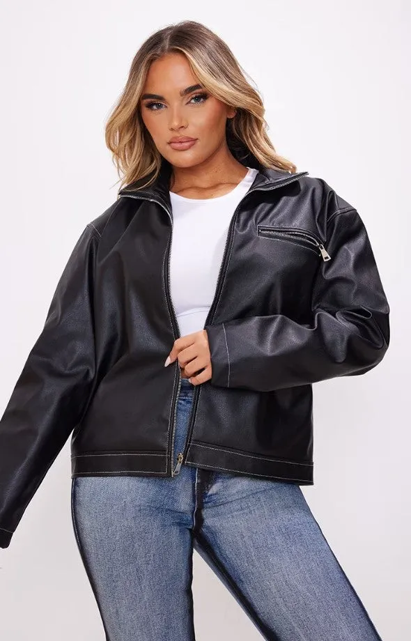 Black Contrast Stitch Faux Leather Oversized Biker Jacket