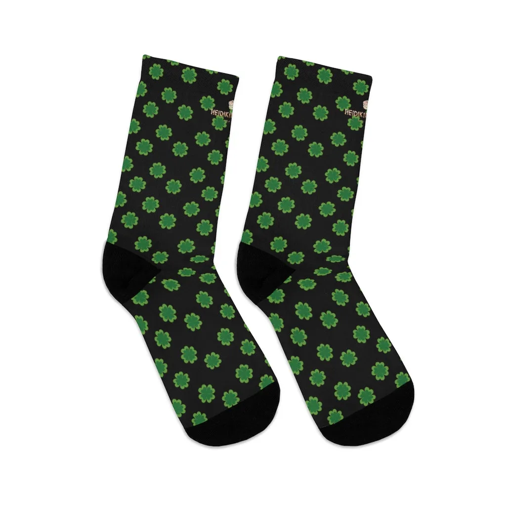 Black Green Clover Print Socks, St. Patrick's Day Unisex Premium Socks- Printed in USA