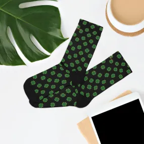 Black Green Clover Print Socks, St. Patrick's Day Unisex Premium Socks- Printed in USA