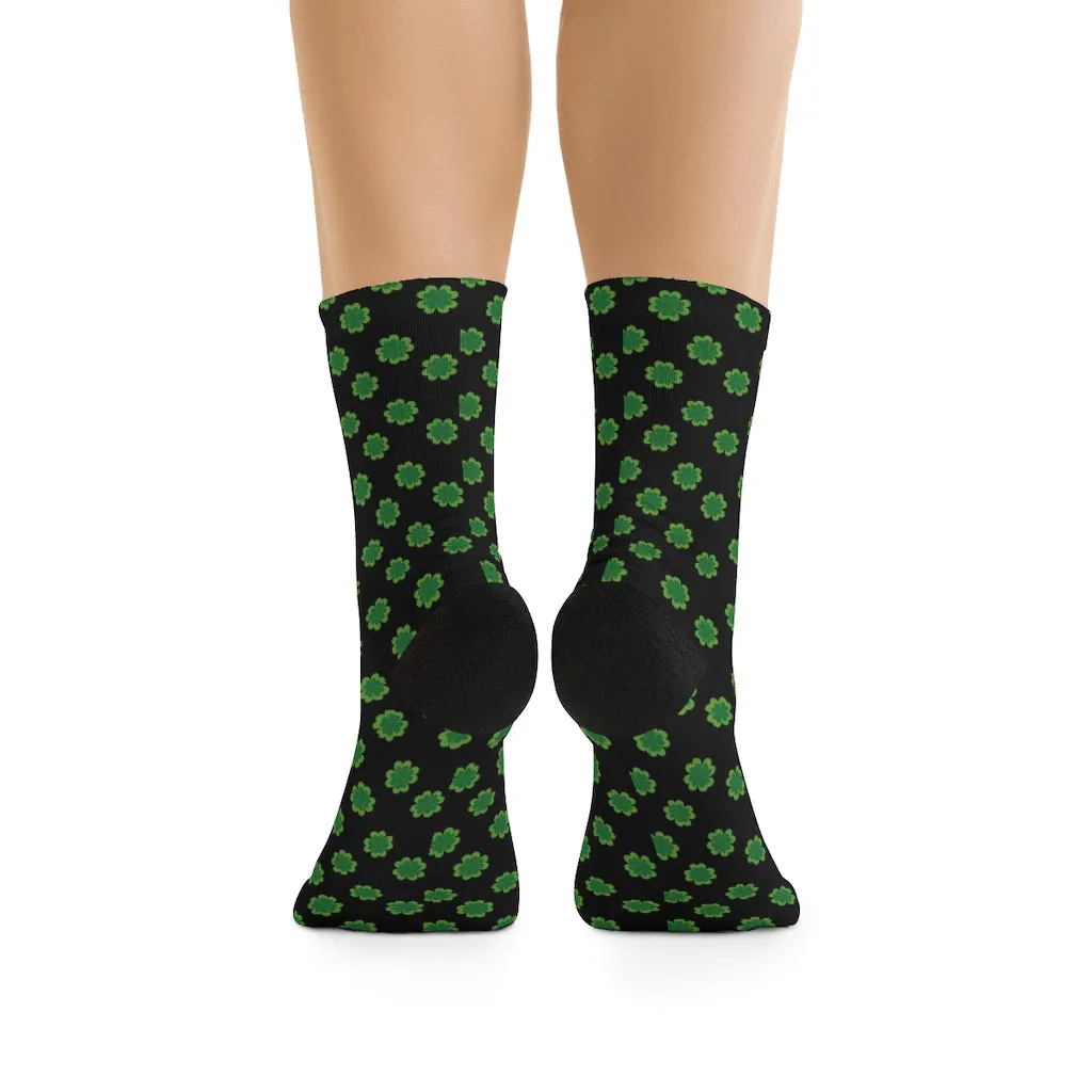 Black Green Clover Print Socks, St. Patrick's Day Unisex Premium Socks- Printed in USA