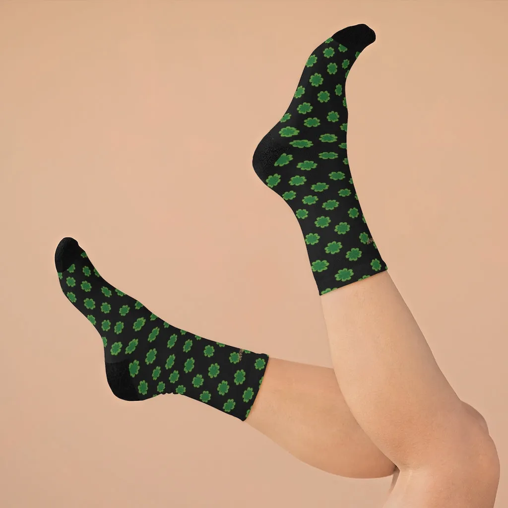 Black Green Clover Print Socks, St. Patrick's Day Unisex Premium Socks- Printed in USA