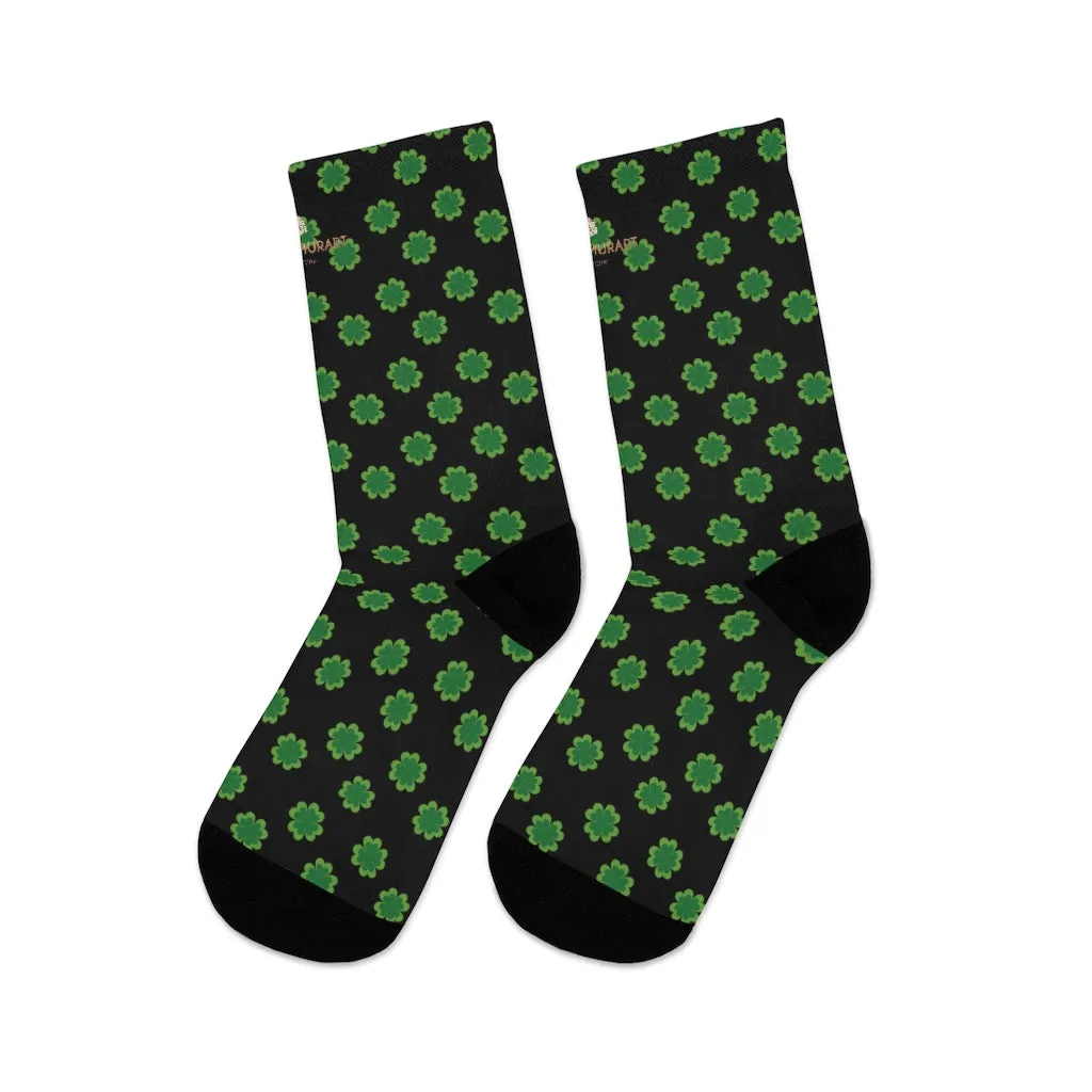 Black Green Clover Print Socks, St. Patrick's Day Unisex Premium Socks- Printed in USA