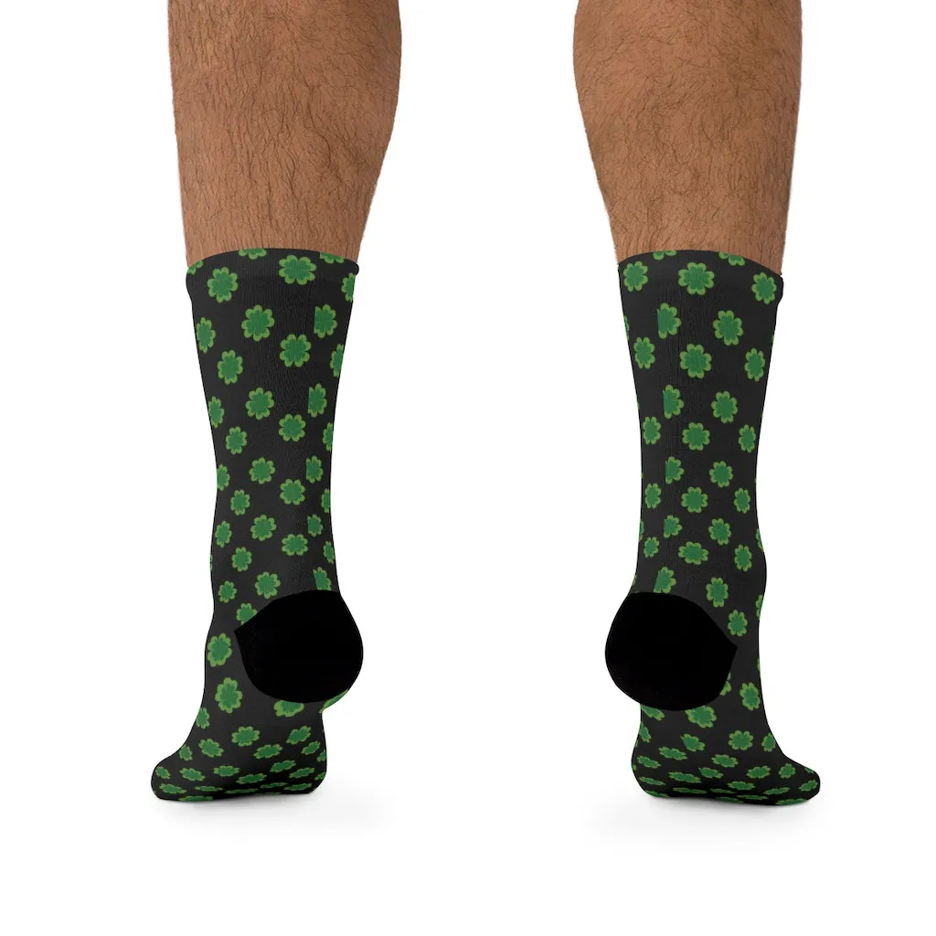 Black Green Clover Print Socks, St. Patrick's Day Unisex Premium Socks- Printed in USA