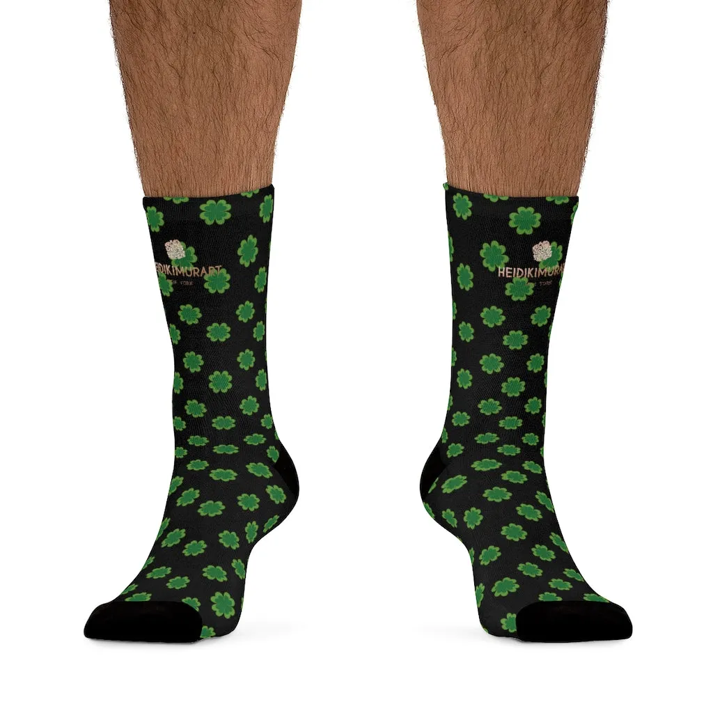 Black Green Clover Print Socks, St. Patrick's Day Unisex Premium Socks- Printed in USA