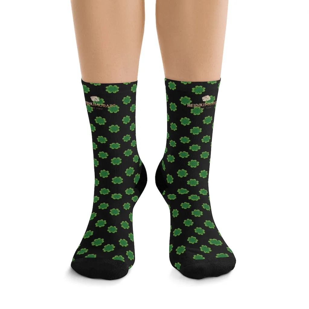 Black Green Clover Print Socks, St. Patrick's Day Unisex Premium Socks- Printed in USA