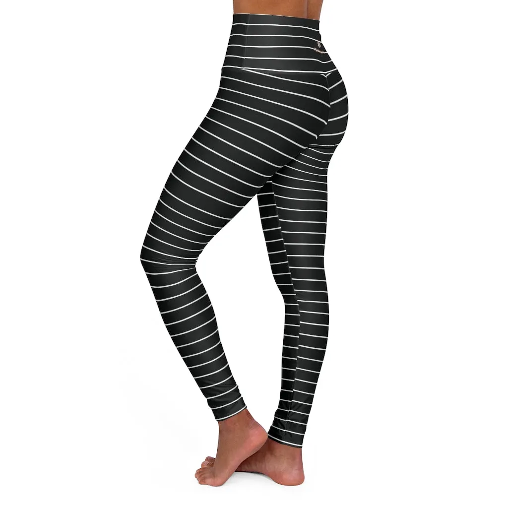 Black Horizontally Striped Tights, High Waisted Yoga Leggings, Black White Stripes Women's Tights - Made in USA