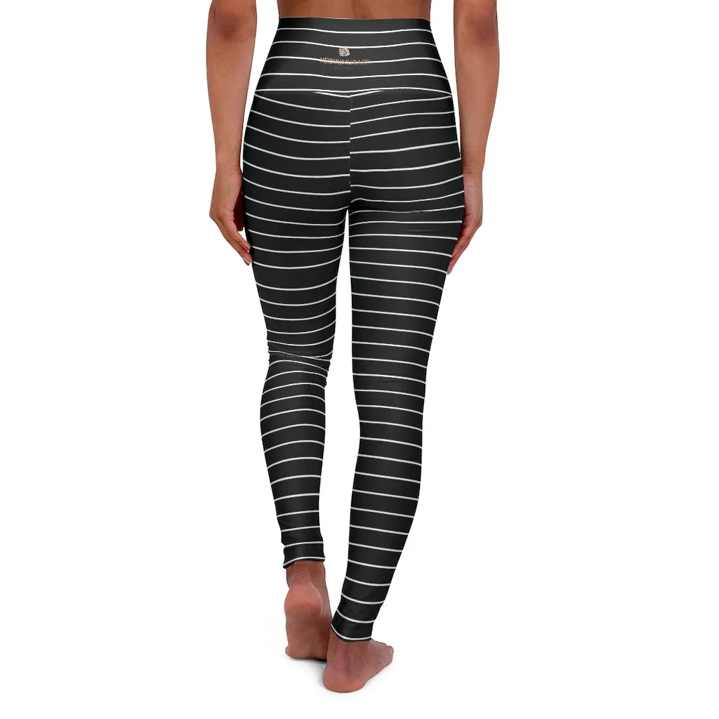 Black Horizontally Striped Tights, High Waisted Yoga Leggings, Black White Stripes Women's Tights - Made in USA