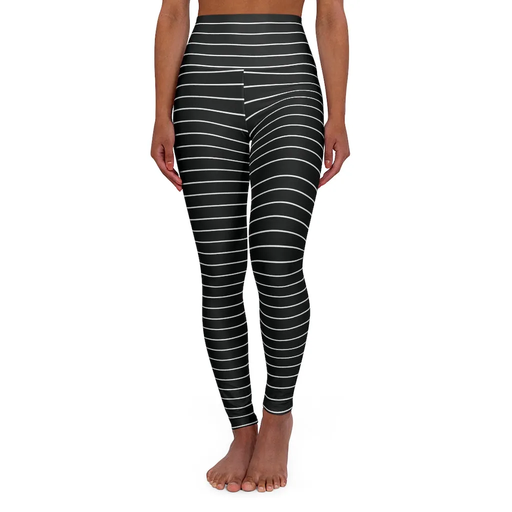 Black Horizontally Striped Tights, High Waisted Yoga Leggings, Black White Stripes Women's Tights - Made in USA