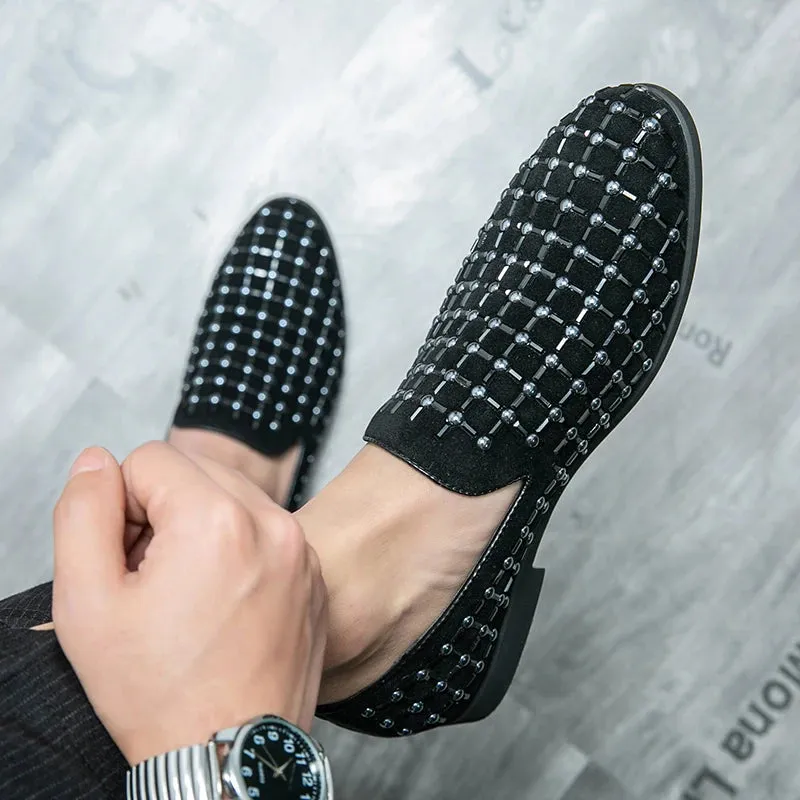 Black Rhinestone Plaid Suede Loafers