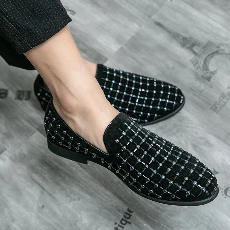 Black Rhinestone Plaid Suede Loafers