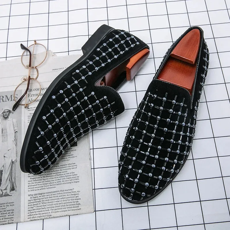 Black Rhinestone Plaid Suede Loafers