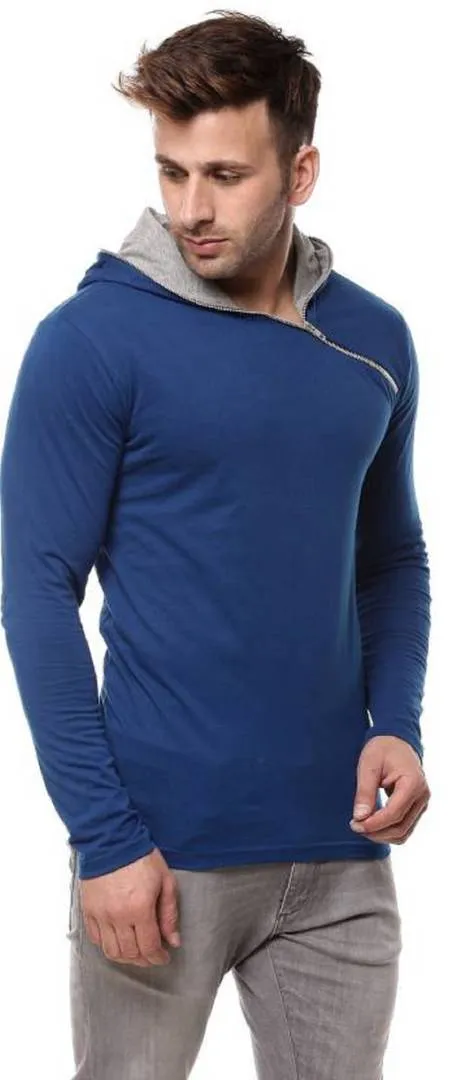 Blue Cotton Hood Chain Full Sleeves T-Shirt