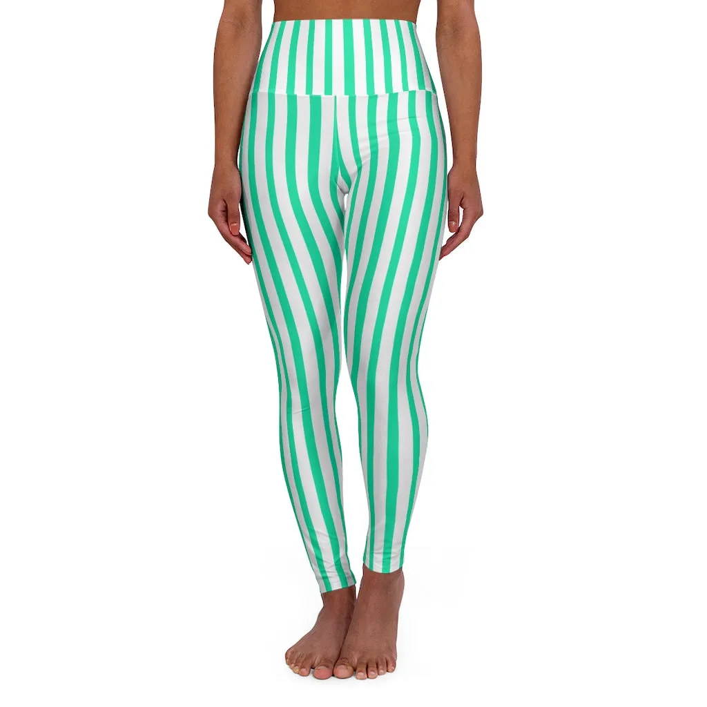 Blue Striped Women's Leggings, Designer Premium Modern High Waisted Yoga Pants-Made in USA