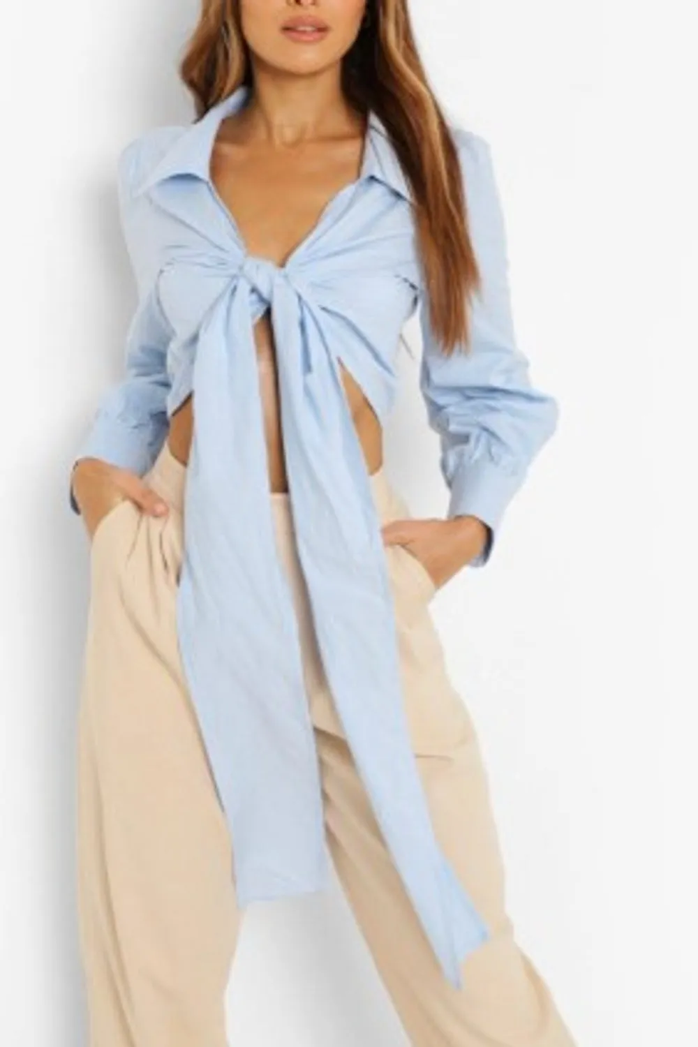 Blue Tie Front Blouse Top