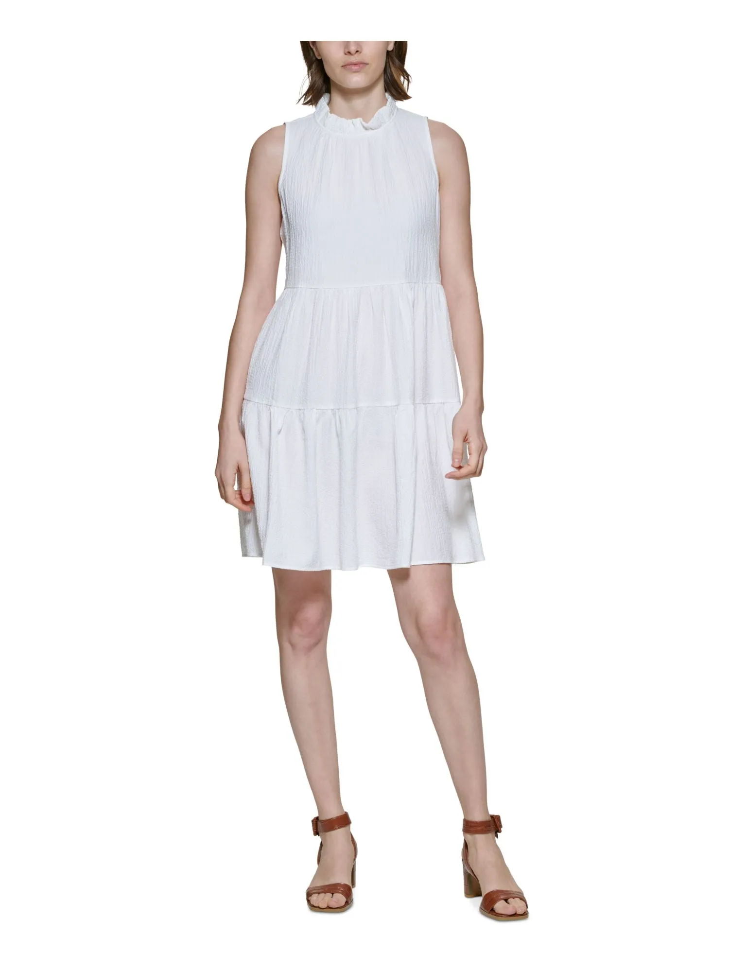 CALVIN KLEIN Womens Ivory Pocketed Ruffled Tiered Keyhole Button Back Sleeveless Mock Neck Above The Knee Fit   Flare Dress