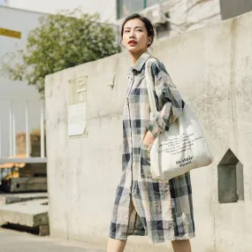 Casual Plaid Linen Shirt Dress