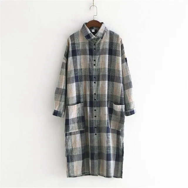 Casual Plaid Linen Shirt Dress