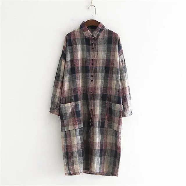 Casual Plaid Linen Shirt Dress