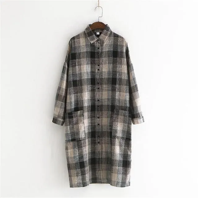 Casual Plaid Linen Shirt Dress