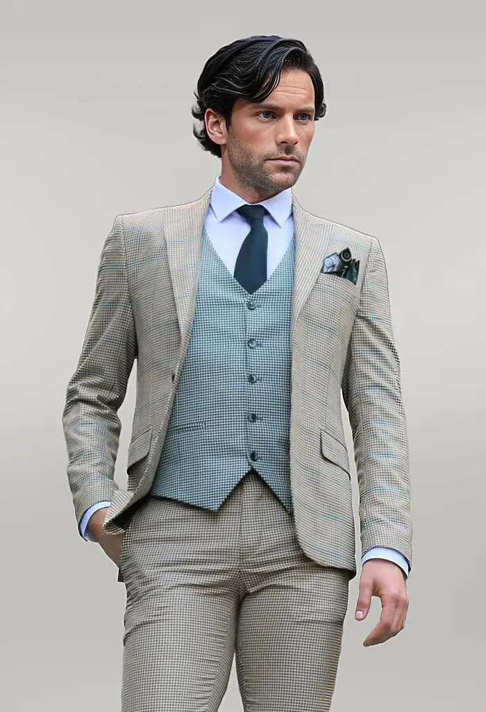 Checked Patterned Slim Fit Beige Men Suit - Wessi