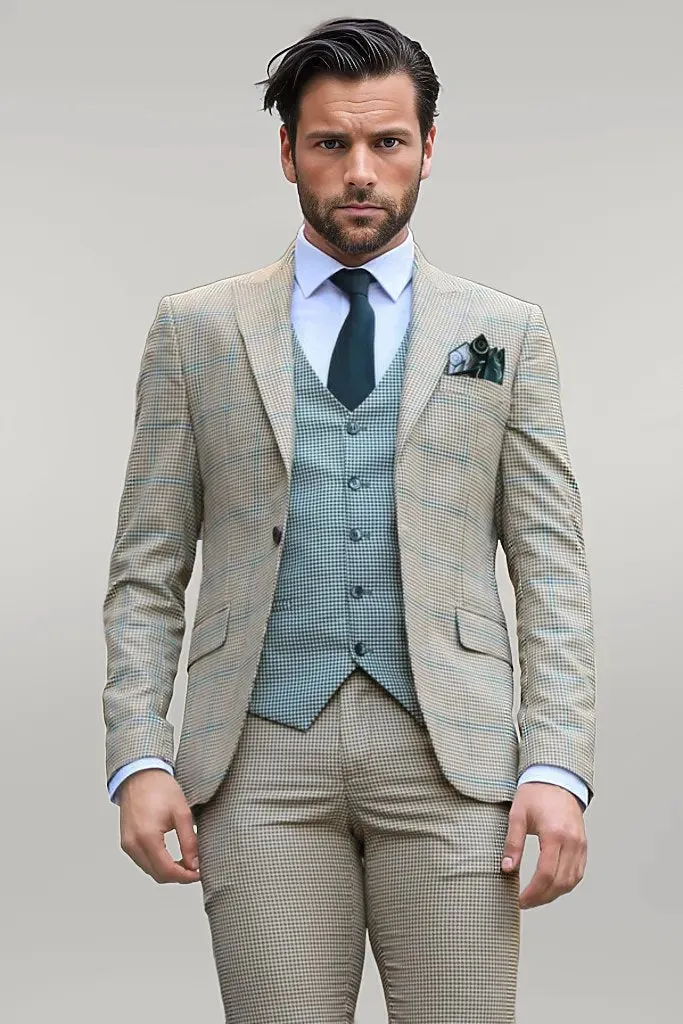 Checked Patterned Slim Fit Beige Men Suit - Wessi