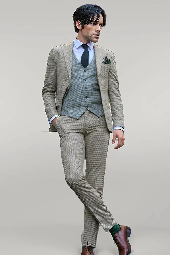 Checked Patterned Slim Fit Beige Men Suit - Wessi