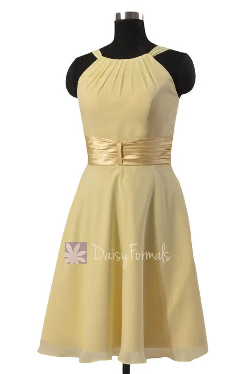 Chic Short Chiffon Wedding Dress Light Yellow Bridesmaid Dress W/Wide Sash(BM3728)