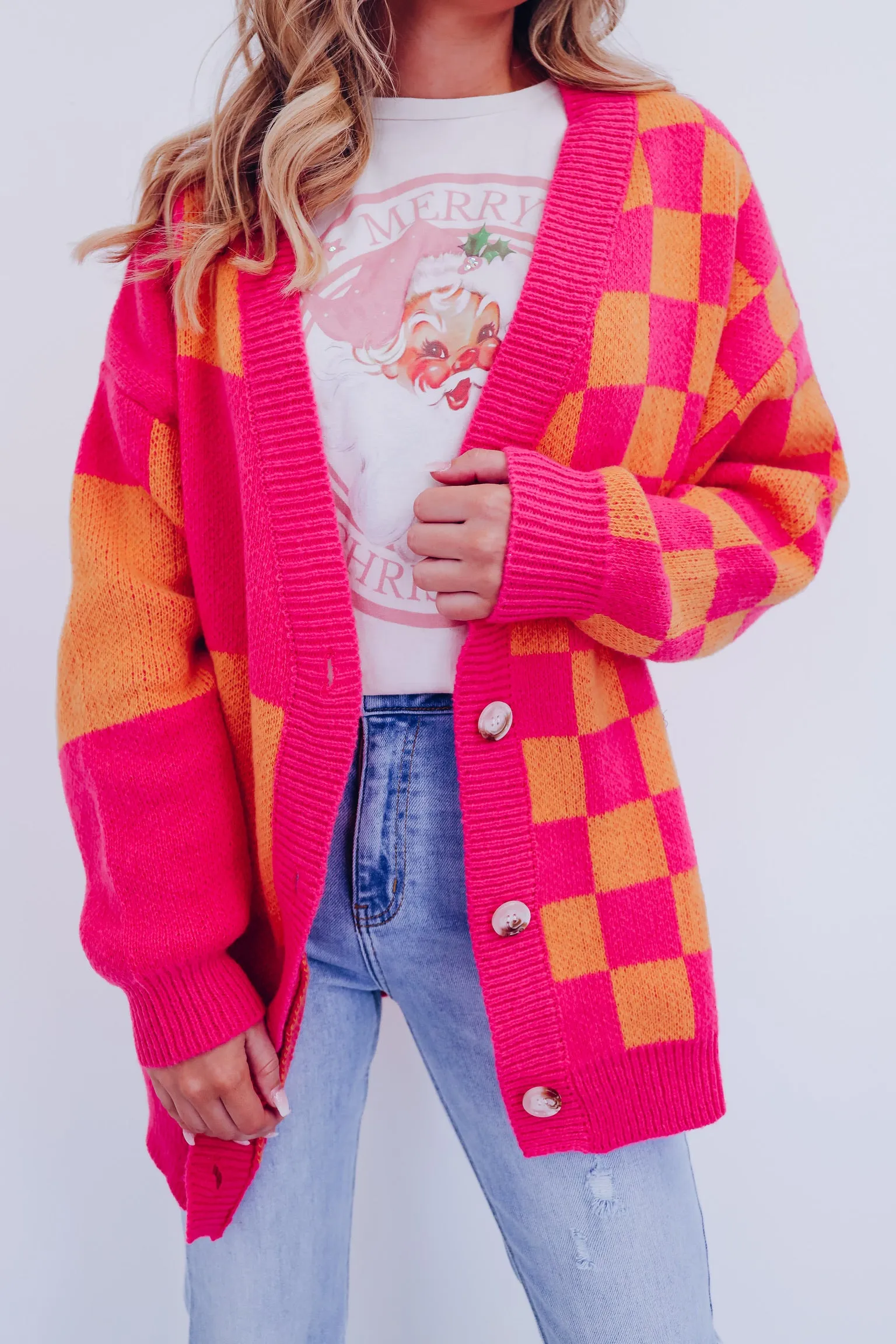 Chipper Checkered Cardigan - Fuchsia/Orange