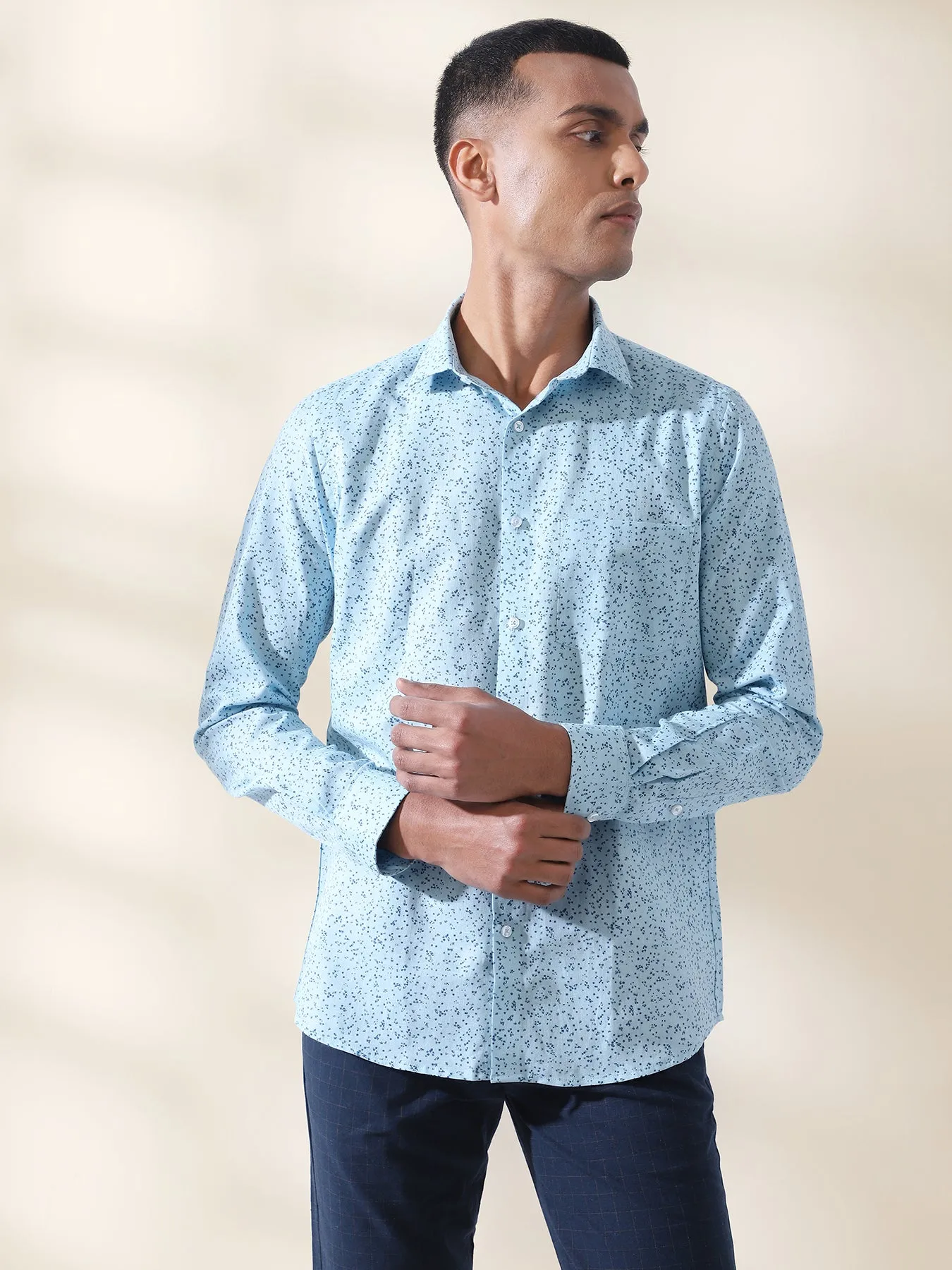 Cotton Linen Sky Blue Printed Full Sleeve Formal Shirt