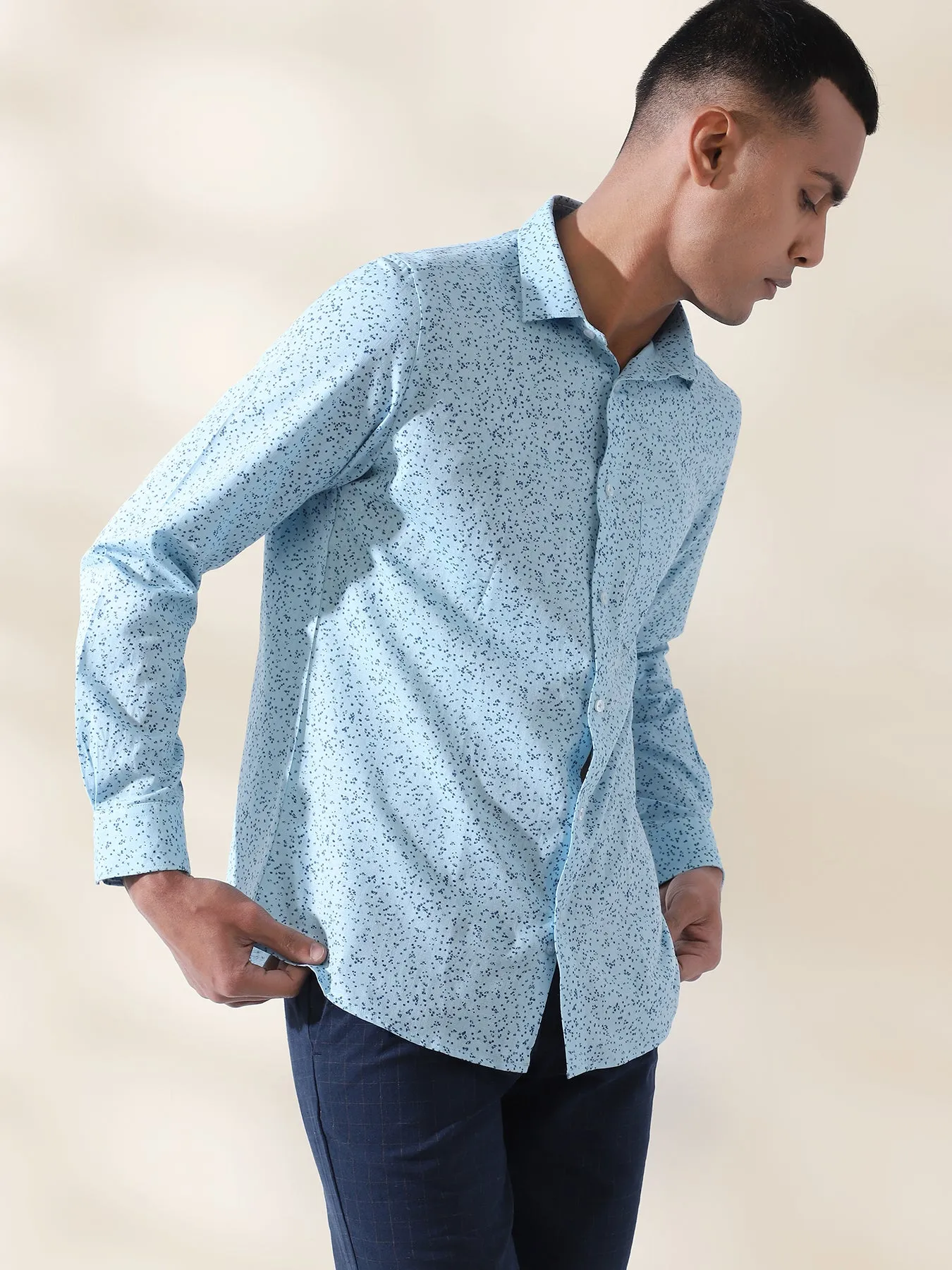 Cotton Linen Sky Blue Printed Full Sleeve Formal Shirt